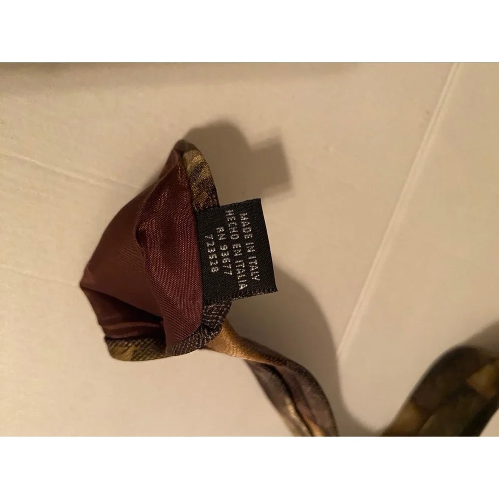 J. Ferrar Mens Silk Tie Brown Green Gold Geometric Made in Italy 4 Inch Width